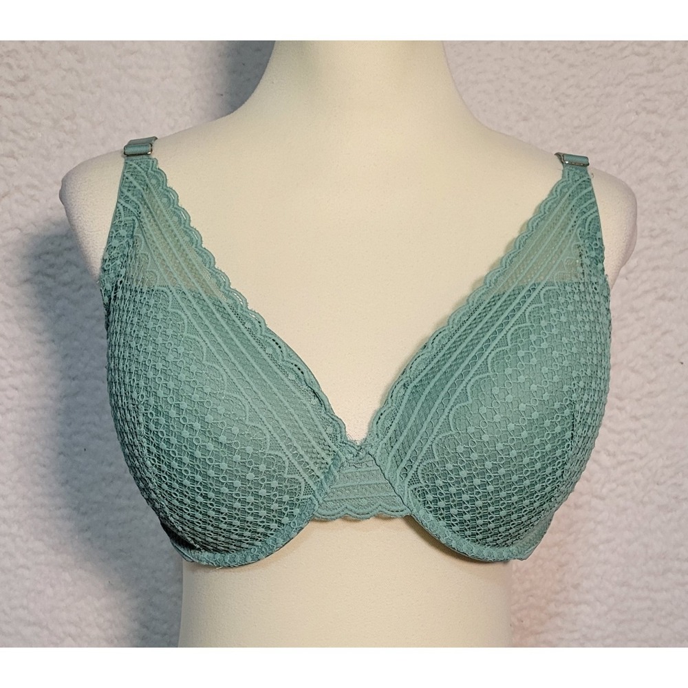 Auden Women's Push-Up Bra Size 40C Green Sea Foam Underwire Plunge Lace 1770